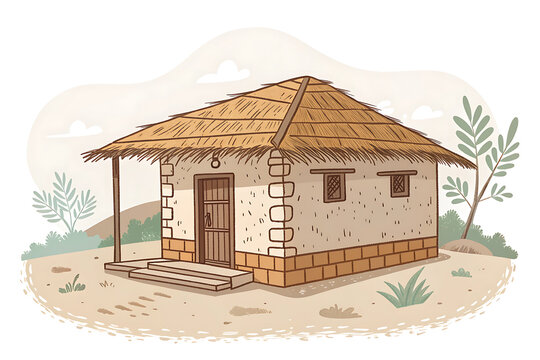 Minimal vector illustration of a Maharashtra village mud house with thatched roof