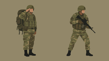 Two soldiers in camouflage uniform with helmets and body armor, one saluting with a backpack, the other holding a rifle.