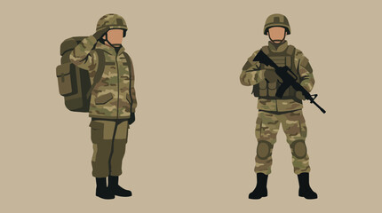 Naklejka premium Two soldiers in camouflage uniforms, one saluting with a backpack, the other standing with a rifle, depicted in a flat vector style.