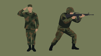 Naklejka premium Two stylized soldiers in camouflage uniforms, one saluting and the other aiming a rifle, on a solid green background.