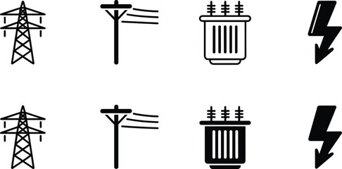 Electric power tower utility pole transformer and lightning bolt icon set, electricity energy grid outline and solid vector icons © Evelyn