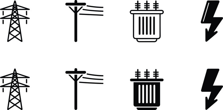 Electric power tower utility pole transformer and lightning bolt icon set, electricity energy grid outline and solid vector icons