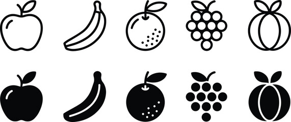 Fruit solid and outline icon set with apple banana orange grapes and peach, fresh healthy food vector icons collection © Evelyn