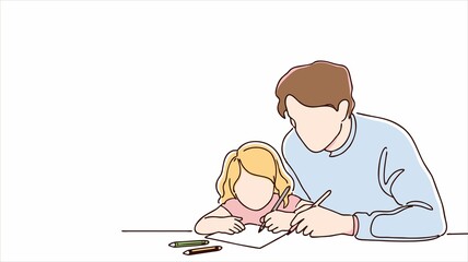 Father Teaching Daughter Drawing Illustration, Dad Helping Child Learn and Study at Home, Family Parenting Education Concept, Fatherhood Bonding and Child Development Design