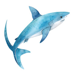 Fototapeta premium Majestic watercolor shark, powerful predator swimming, detailed blue ocean animal on transparent background
