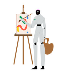 Fototapeta premium Humanoid robot painting on an easel in an art studio. Concept of artificial intelligence creativity, technology and art collaboration, and the future of digital innovation. 