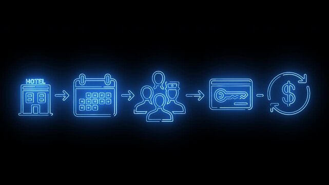 Glowing blue icons depicting a financial transaction process on a black background with a white border at the bottom.
