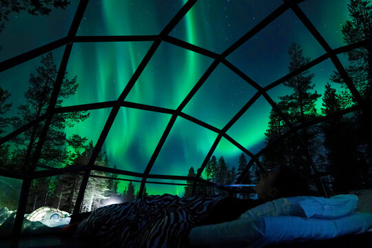CLOSE UP: Female tourist having fun observing the night sky from glassy house.