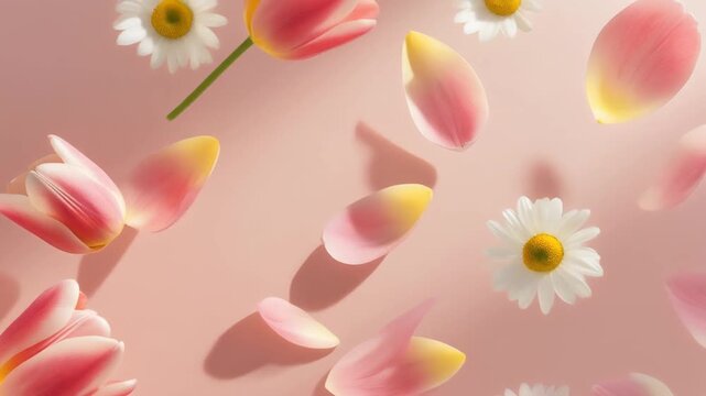 Surreal garden of soft pastel pink flowers and petals floating gently on a dreamy, light-filled abstract background