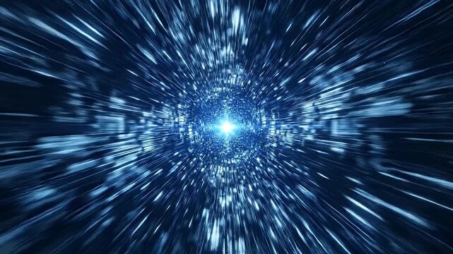 A bright blue light emanates from the center of a dark, abstract tunnel