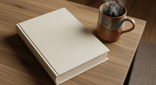 Blank cream colored hardcover book lying next to a steaming ceramic coffee mug on a light wooden table surface for mockup presentation.