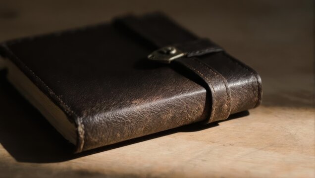 Vintage leather bound book with a strap and clasp.