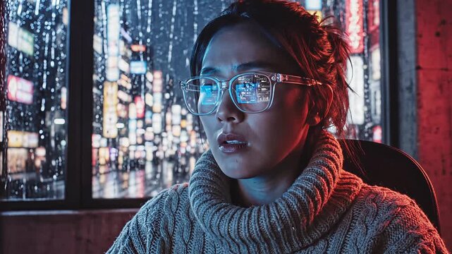 Young woman wearing glasses and a turtleneck sweater, looking intently at a computer screen in a dimly lit room with city lights reflecting on the window