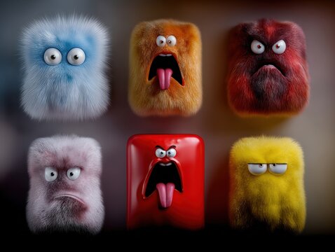 set of fummy meme avatars for social network, squared monster heads collection