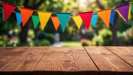 Colorful flags hang above a wooden table. Nature shines softly behind the festive display. The scene invites celebration or outdoor gatherings