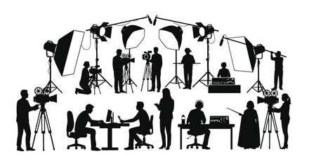 Professional film production crew working on a set with cameras lighting equipment and sound gear