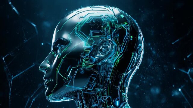 Futuristic humanoid robot head in profile, metallic and transparent materials, intricate circuitry visible, glowing blue cybernetic background, advanced artificial intelligence, robotics, high-tech de