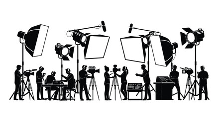 Professional film production crew working with cameras and lighting equipment in a studio setting