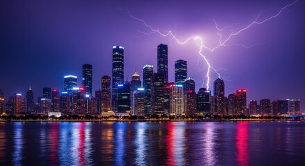 Obraz premium Dramatic lightning strikes illuminate a modern city skyline reflected in the water at night
