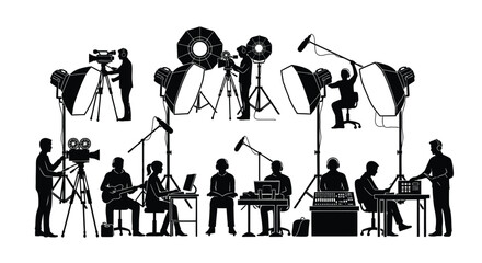 Black silhouettes of professional film crew members working on a television or movie production set © ARSM D
