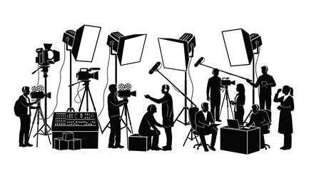 A detailed black silhouette illustration of a professional film production crew on a busy set © ARSM D