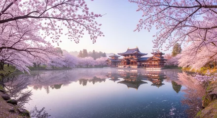 Poster Reflectie Serene Japanese temple reflected in a tranquil pond surrounded by blooming cherry blossoms  © mashimara