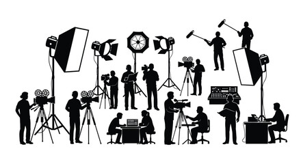 A detailed silhouette collection showing a professional film crew at work on a movie production set © ARSM D
