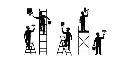 Black silhouettes of construction workers using paint rollers and ladders for wall renovation work © ARSM D
