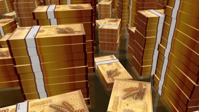 Syria pounds Syrian money notes packs loop. 3D flight over 500 SYP banknotes stacks towers. Loopable seamless abstract background concept of business, economy crisis and finance.