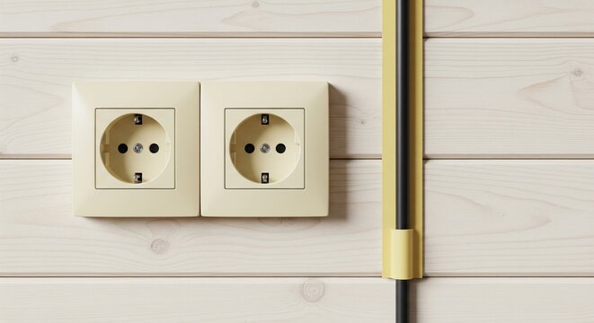 Two beige European electrical outlets on a light wooden wall with a black and yellow cable conduit, modern interior design, clean and minimalist aesthetic, electricity and power concept.
