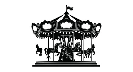 A classic vintage carnival carousel featuring several horses and ornate decorative roof panels © ARSM D