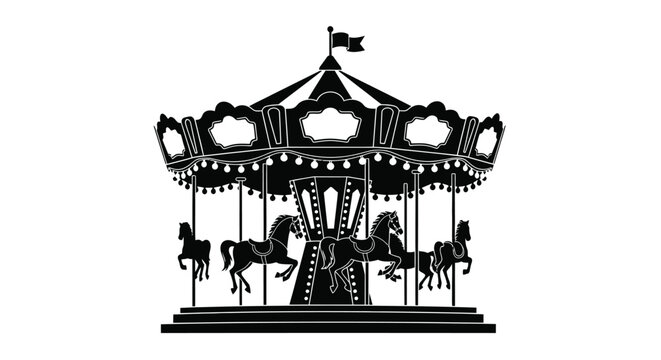 A classic vintage carnival carousel featuring several horses and ornate decorative roof panels