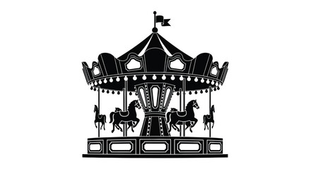Black silhouette illustration of a classic carnival carousel ride with horses for amusement parks © ARSM D