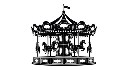 A detailed black silhouette illustration of a classic vintage fairground carousel with horses © ARSM D
