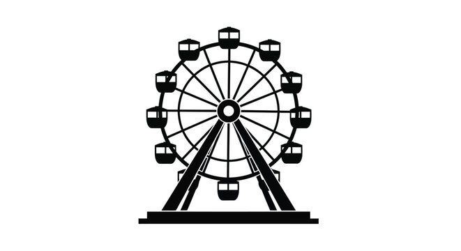 A black silhouette of a classic amusement park ferris wheel with multiple passenger gondola cars
