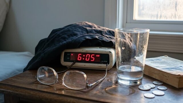 Digital alarm clock ticking from 6:03 to 6:05 on bedside table. Morning time progression with glasses water glass book and coins near window