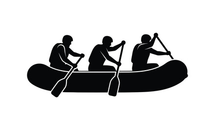 A black silhouette illustration of three people working together to row a large inflatable raft © ARSM D