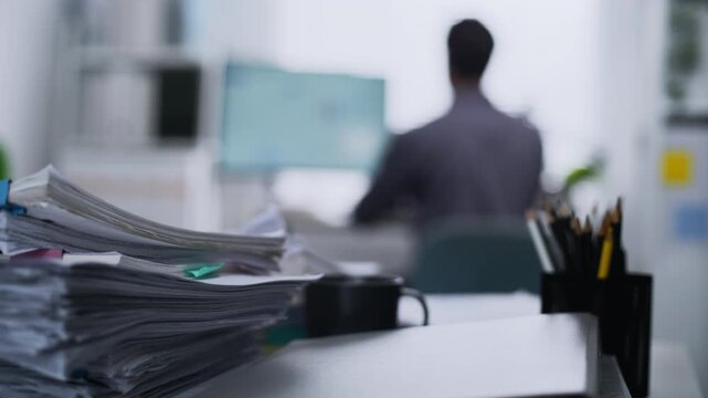 Close up document paperwork accounting financial working businessman management tax office report stacked on a desk while a businessman works in the background