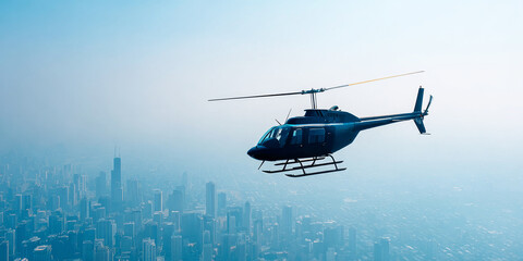 Naklejka premium Helicopter moving over a bustling city, offering an expansive aerial view of urban architecture and a distant horizon