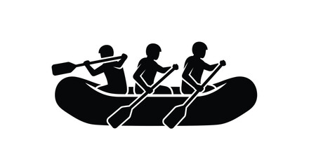 Black silhouette icon of three people working together to paddle an inflatable whitewater raft © ARSM D