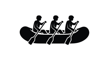 Black silhouette icon of three people rowing together in a small inflatable white water river raft © ARSM D