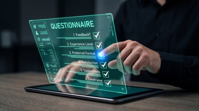 A person interacting with a digital questionnaire on a tablet