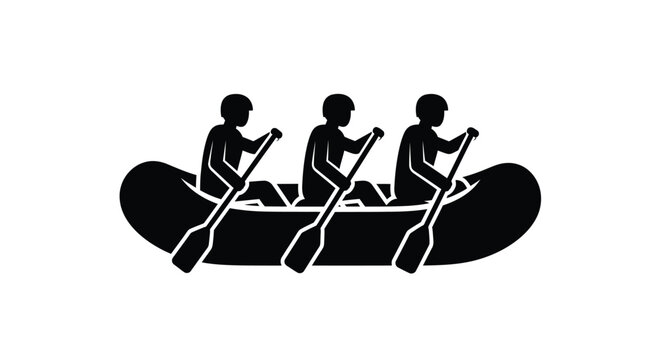 Black silhouette icon of three people rowing together in a small inflatable white water river raft
