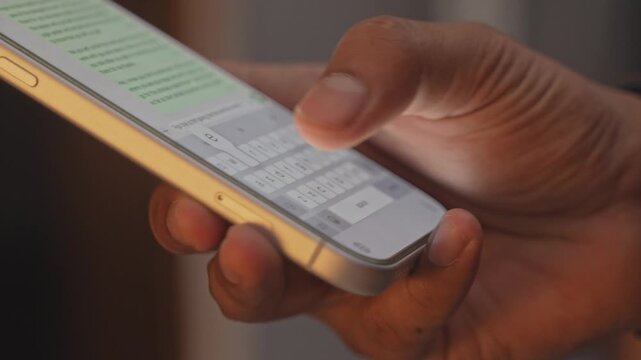 Macro close-up of a man&rsquo;s hands chatting and typing on a smartphone, using the WhatsApp messaging app on social media.