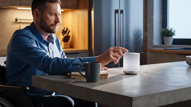 Man uses smart speaker at kitchen table with coffee in modern home. Person touches speaker device near book and mug. Man with smart speaker at table. Voice assistant in kitchen with coffee nearby.