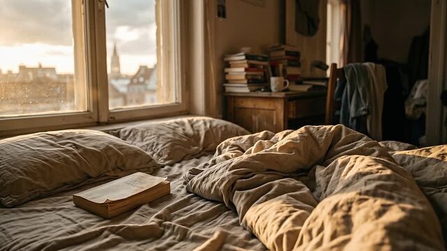 Cozy bedroom interior overlooking city at sunset. Tranquil space with open book on rumpled bed for relaxation and quiet reading moments