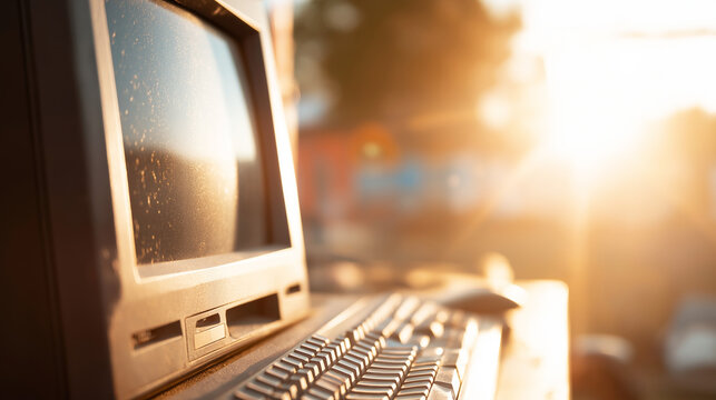 Old dusty computer monitor and keyboard sitting outdoors, soft golden sunlight highlighting technological obsolescence concept
