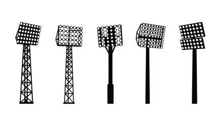 A collection of five different black silhouette designs of tall stadium sports field floodlights © ARSM D