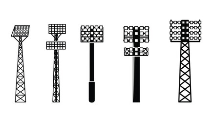 A collection of five different stadium lighting towers featuring various grid and pole structures © ARSM D