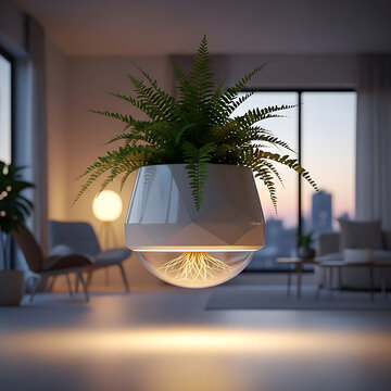 A modern white smart planter with a vibrant green fern and illuminated roots hangs elegantly in a contemporary living space.